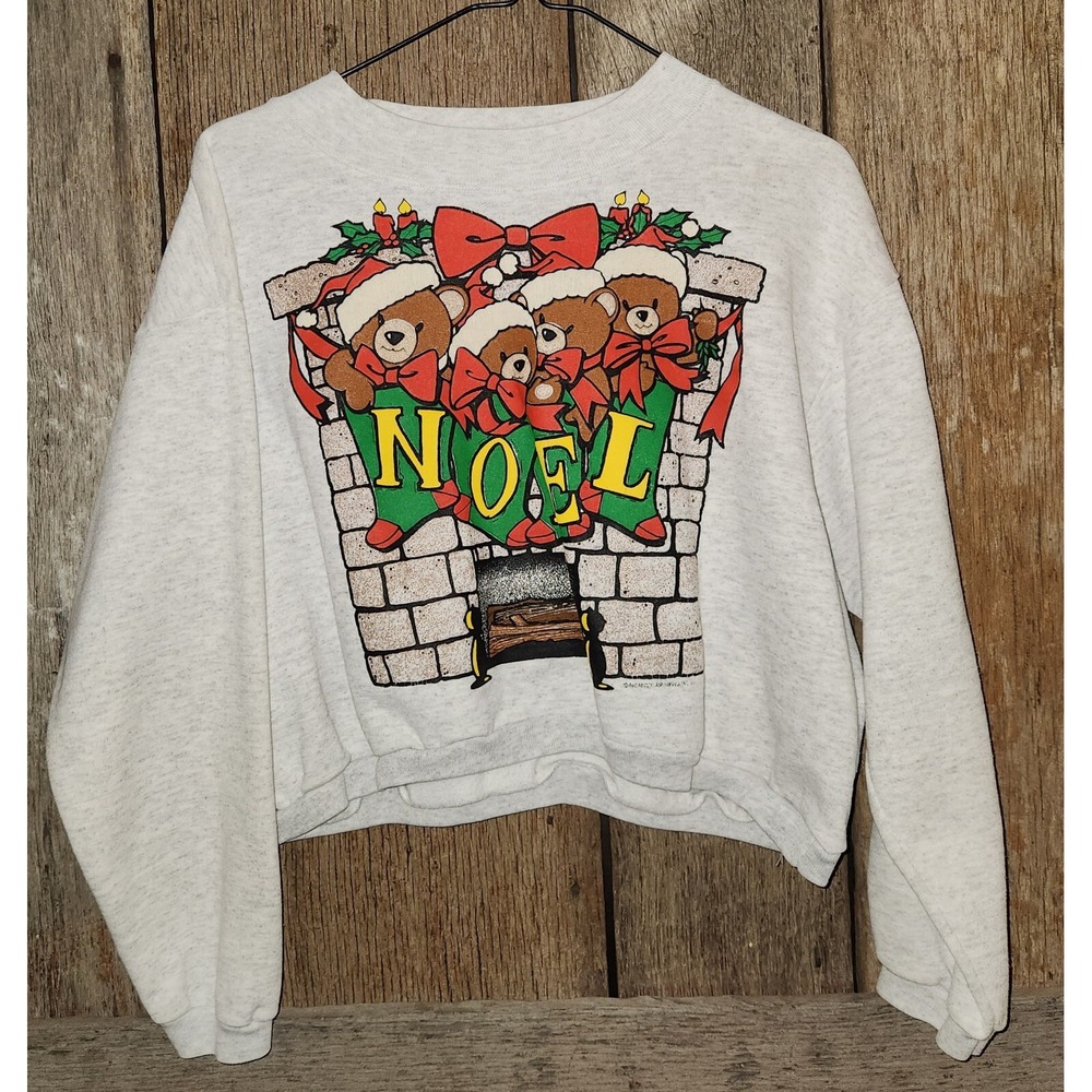 Vtg 90s Noel Bear Chimney Christmas Sweatshirt‎ OSFA Cropped
